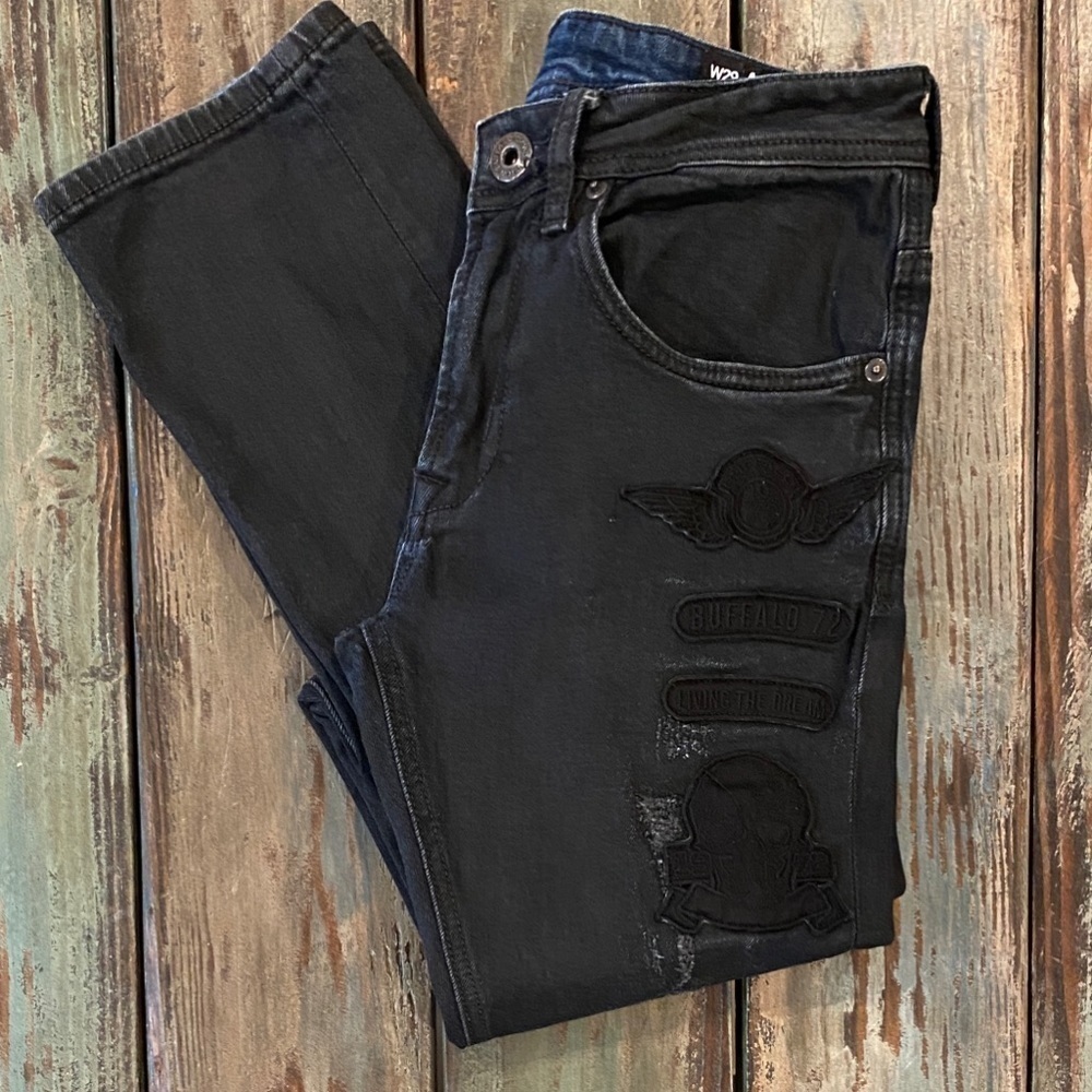 Buffalo 29x30 David Bitton Black Wash Patched Skull Ash-X Slim Stretch Jeans